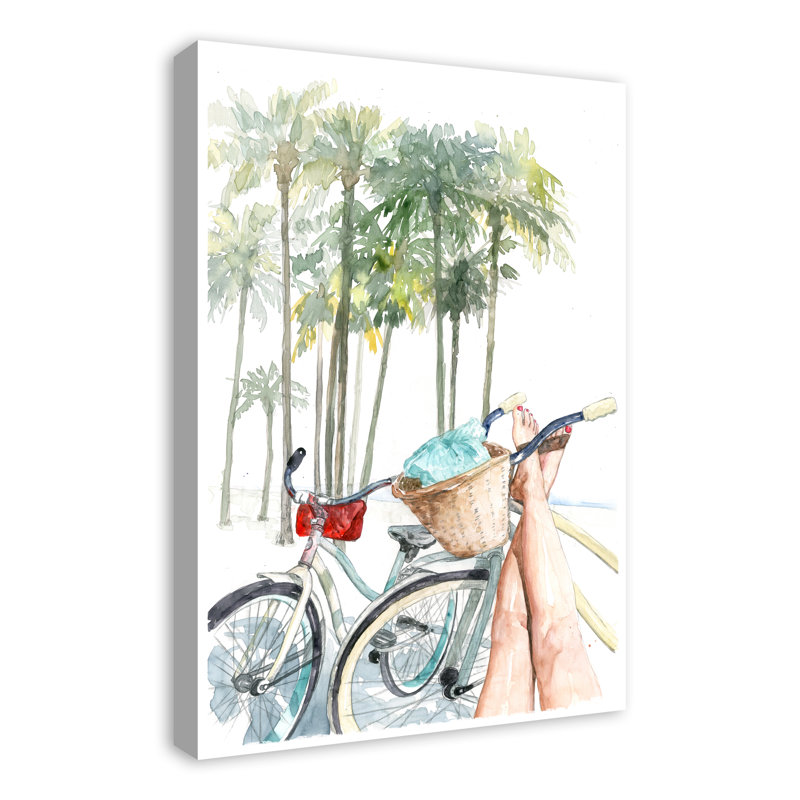«Painted Holiday Bikes And Palm Tree Relaxing», reproduction sur toile sans cadre