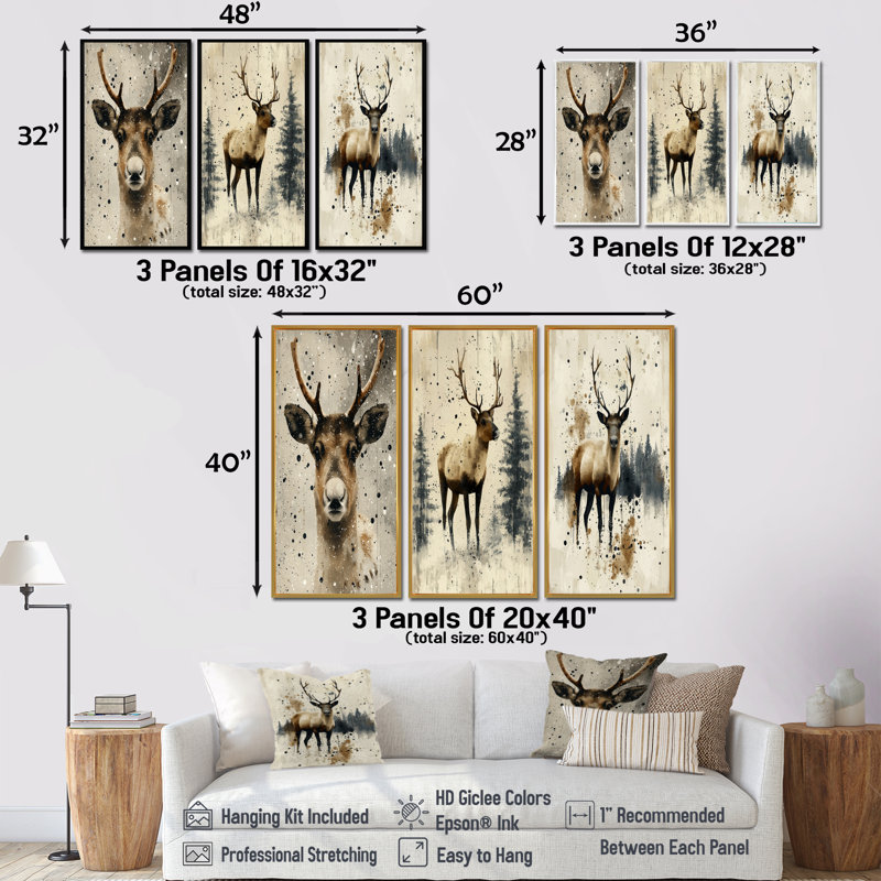 Gentle Reindeer I - Collection de 3 panneaux muraux de Noël, 28" H x 36" W, Toile tendue, Ne s’applique pas