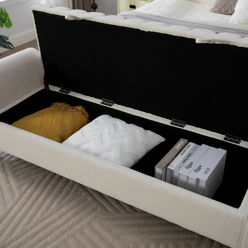 Banc de rangement rembourré Modern, H 21,9 po x L 65,6 po x P 20,3 po, Beige, Beige