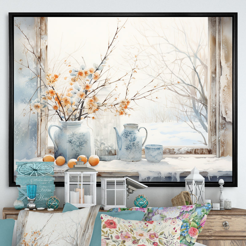 «Cottage In Winter Window Charm III», art mural fenêtres de ferme, Cadre flottant noir, H 34 po x l 44 po x P 1,5 po