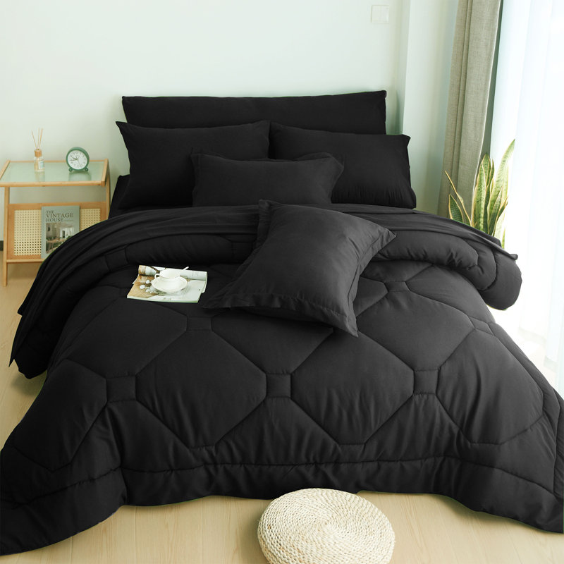 8 PCS Modern Comforter Set with Sheets All Season Bed in a Bag, King Comforter + 7 Additional Pieces, Black