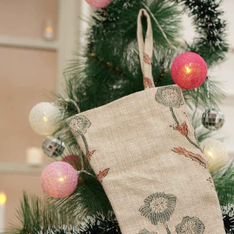  Chaussette de Noël imprimée à la main en coton blanc, décor des Fêtes - Amitabh, H 16 po x l 6,5 po