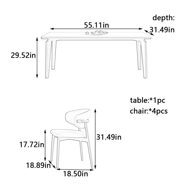 Ensemble de table et chaises de salle à manger exquis, H 29,52 po x L 55,11 po x l 31,49 po