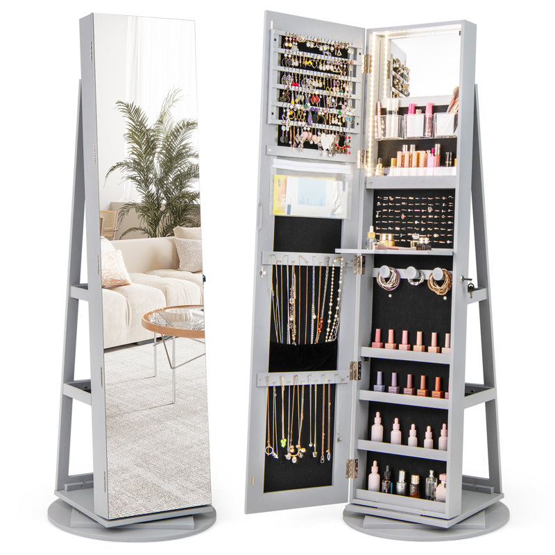 Armoire à bijoux pivotante à 360 ° 3 modes DEL verrouillables , Gris