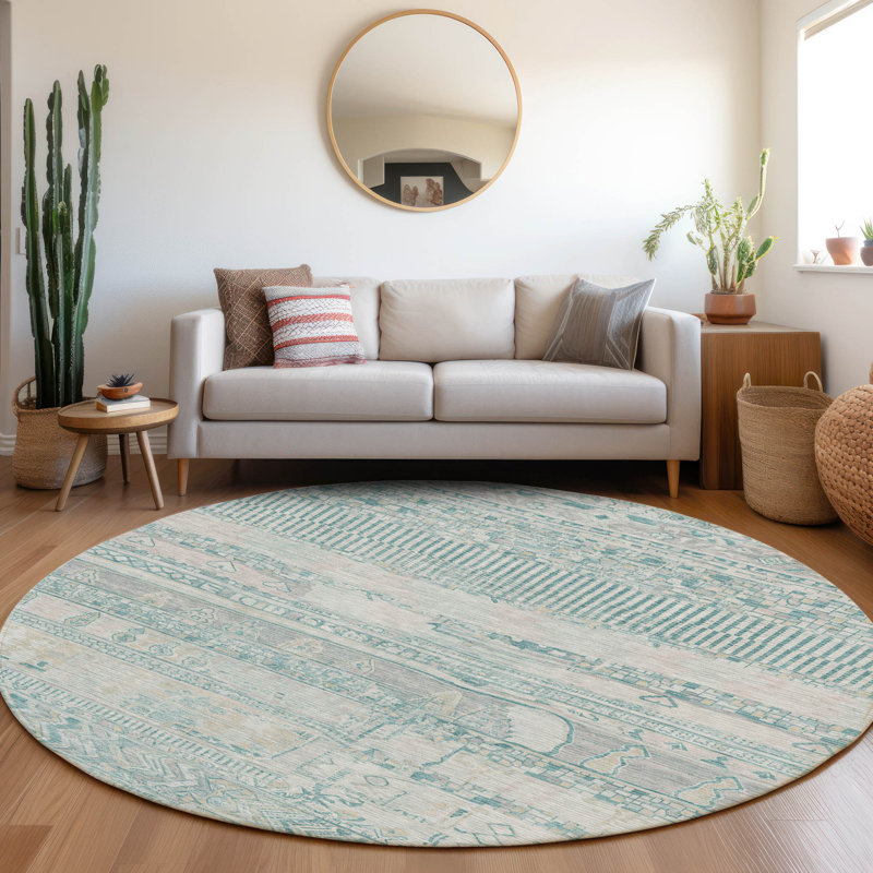 Machine Washable Indoor/Outdoor Xhevrie Teal Rug, Round 8'