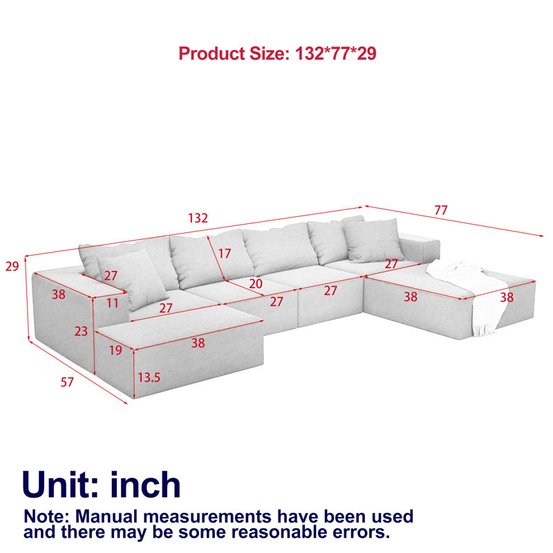 Canapé modulaire combiné en forme de L de 132 po avec 6 coussins, canapé moderne pour le salon, rembourrage en chenille grise et en mousse, sièges, chambre à coucher avec coussins, rembourré