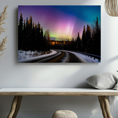 Canvas A Serene Winter Landscape Featuring A Snow Covered Road Winding Wall Art Through A Dense Forest Of Dark Evergreen Trees Canvas Wall Art