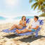 Ensemble de 2 chaises longues à rayures bleues, chaise longue pliante réglable à 5 positions avec trou pour le visage et coussin, fauteuil inclinable d'extérieur portable pour le camping près de la plage