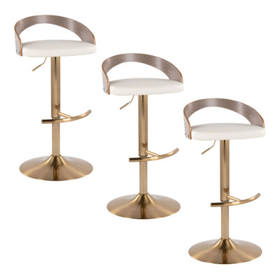 Tabouret de bar réglable avec pivot en métal doré, bois gris clair et similicuir blanc avec repose-pieds arrondi en T - ensemble de 3