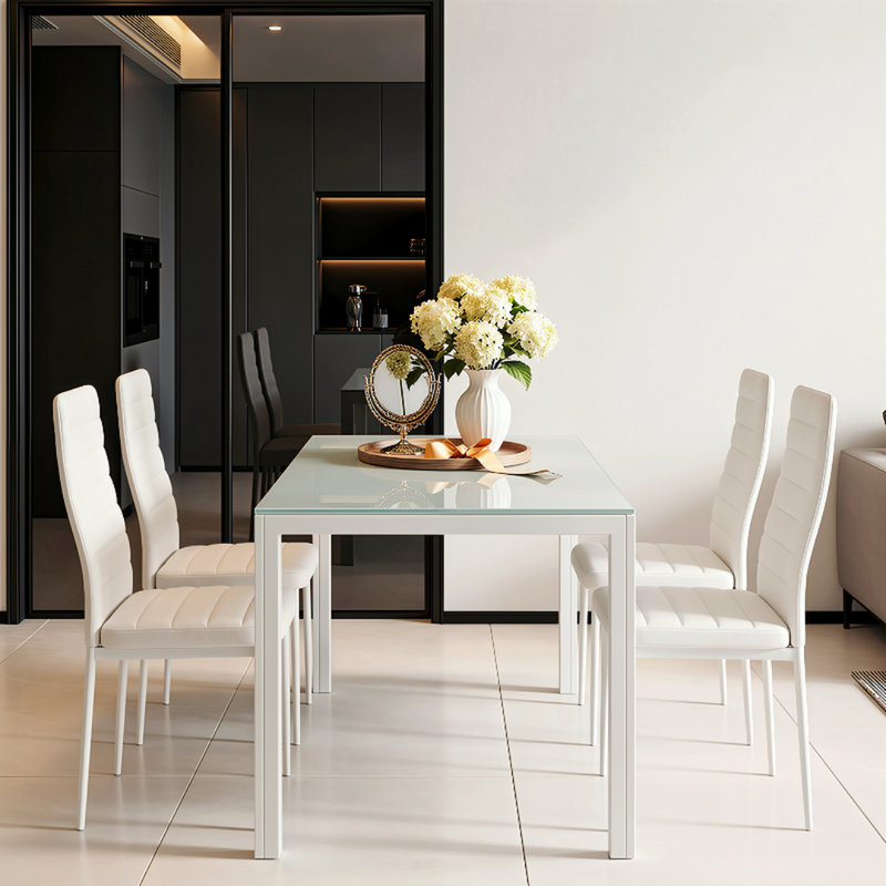 5 Piece Dining Table Set For 4, Tempered Glass Kitchen Table With 4 Upholstered Pu Chairs, Space-saving & Metal Steel Frame Dining Room Set For Home, Kitchen, Dining Room, Small Space(white)