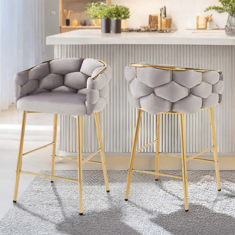 Ensemble de deux tabourets de comptoir modernes avec structure en fer, dossier et coussin moelleux, repose-pieds, convenant à la cuisine, la chambre à coucher ou la salle à manger