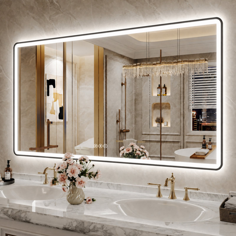 Lunara Independent Dual Backlit&Front Lights LED Wall Mirror, Rounded Corner Matte Black Metal Framed Bathroom Mirror with Tempered Glass