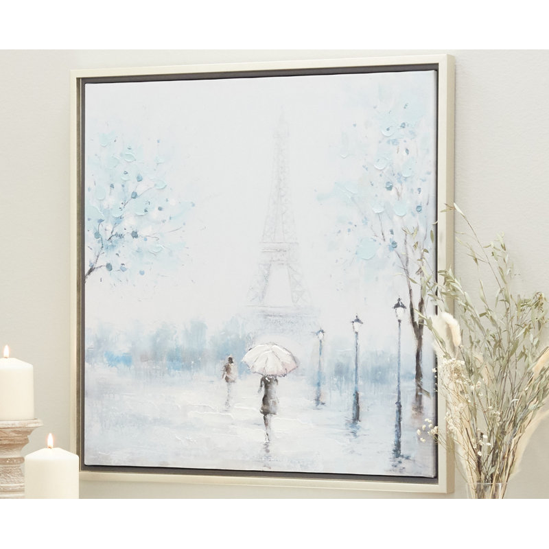 Canvas Eiffel Tower Blue Framed Wall Art with Silver Frame
