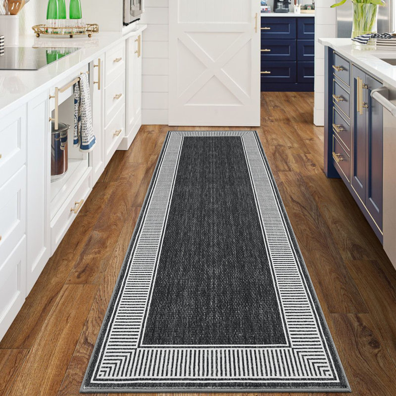 Bordered Runner Rug Non-Slip Modern Hallway Rug, Stain-Resistant Low Pile Accent Carpet, Machine Washable Contemporary Indoor Floor Mat