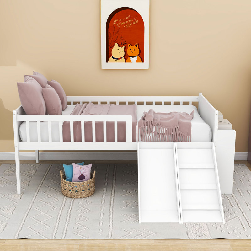 Cadre de lit en bois avec tablette de rangement, toboggan et Ã©chelle, White