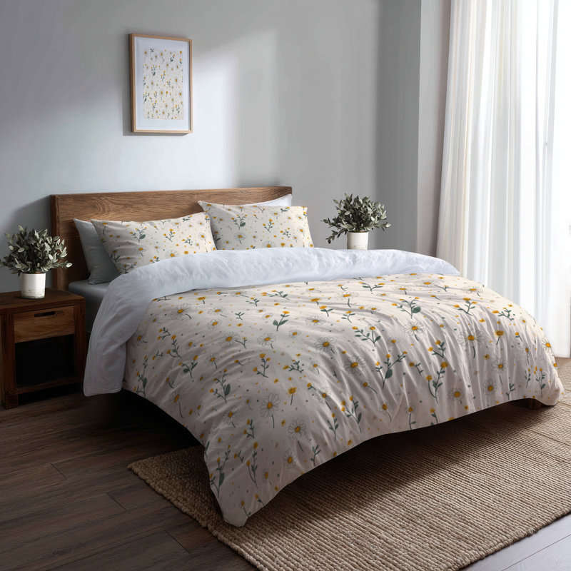 Ensemble de literie à motif floral 3 pièces - Ensemble de housse de couette et de coussins Modern Daisy Dots