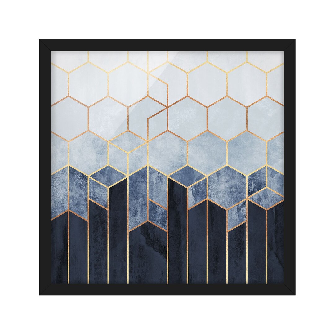 Gerahmtes Poster Golden Hexagons Blue White