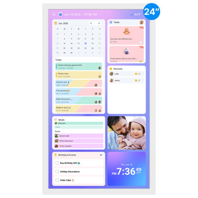Écran tactile mural 24 pouces avec calendrier numérique - tableau de corvée, planificateur de repas, système de récompenses, affichage de photos, affichage interactif intelligent du foyer pour les horaires de famille, calendrier transparent