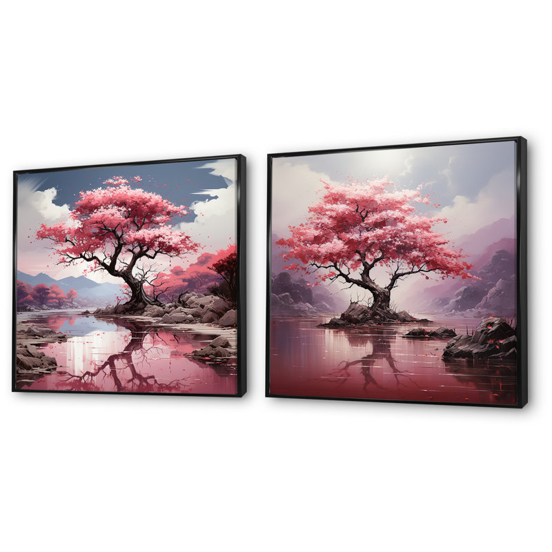 «Pink Cherry Tree Blossoms In River I», ensemble de 2 reproductions d'art sur toile, Cadre noir, H 30 po x l 61 po x P 1 po