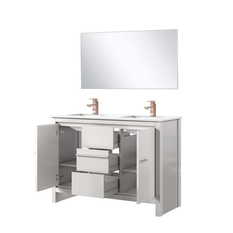 Ensemble de meuble-lavabo double blanc l 48 po x P 20 po, comptoir en quartz blanc, robinet en or rose et miroir de 43 po