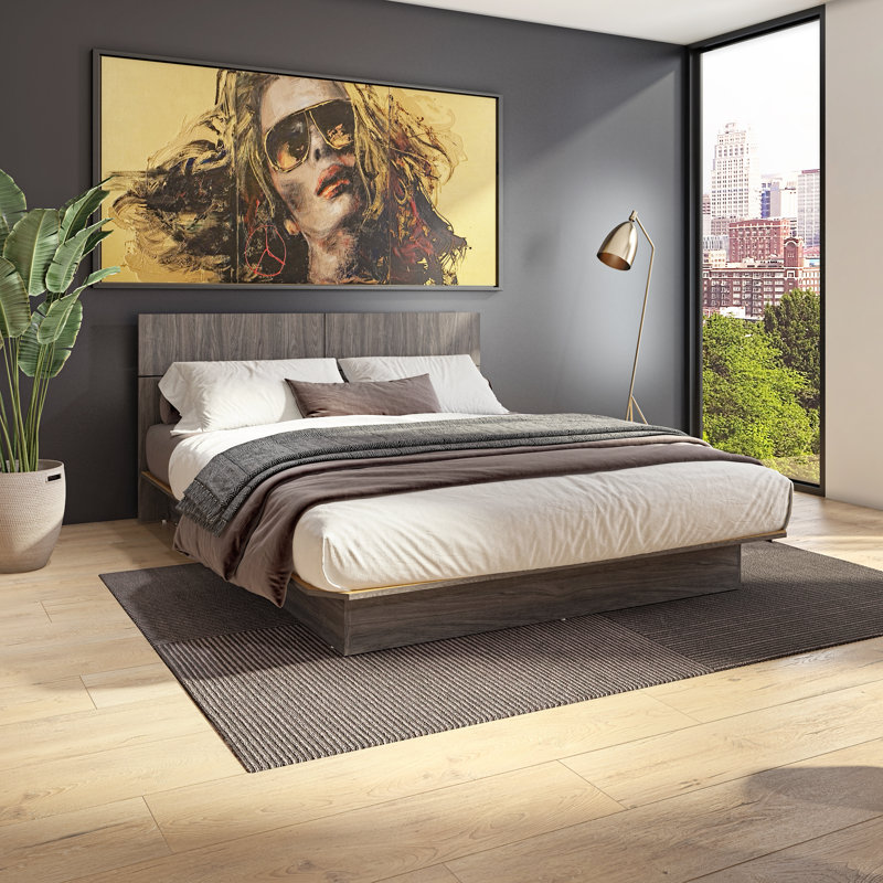ZEN ALPHA – Platform Bed with Headboard – Easy Assembly, No Box Spring Required, Queen, Light brown