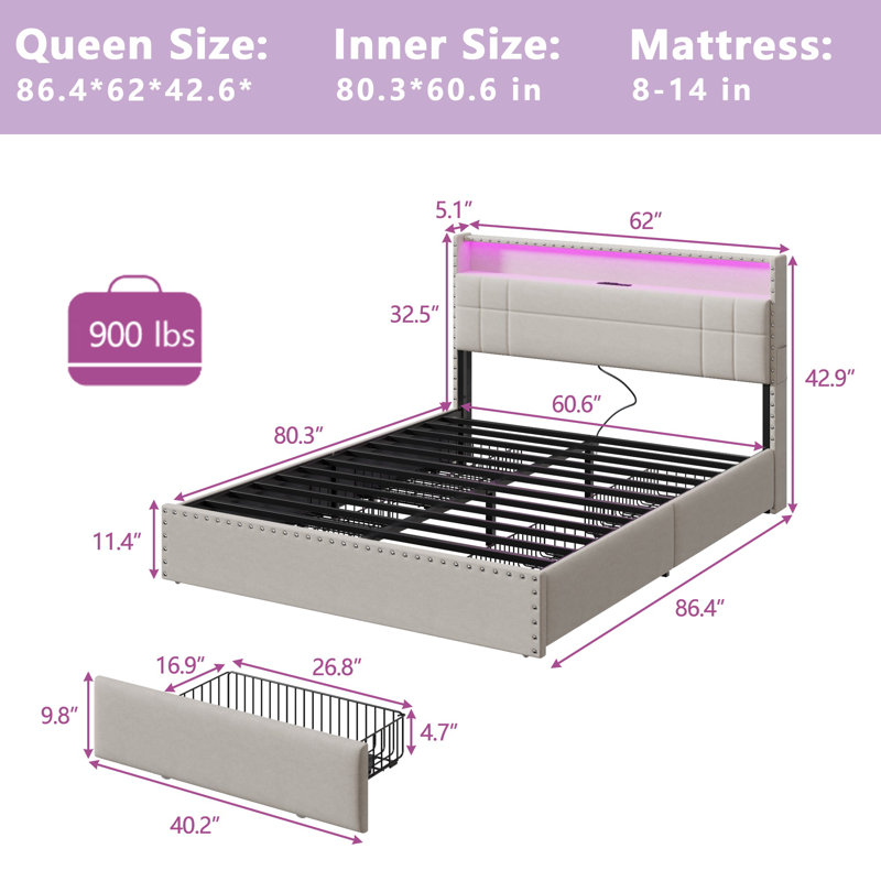Modern Upholstered Platform Bed Frame with LED Lights, Charging Station, 4 Storage Drawers, Metal Slats Support, USB & Type-C, No Box Spring Needed