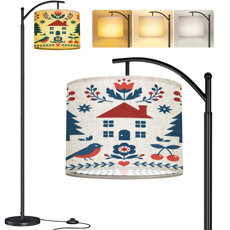  Arc Floor Lamp Finnish inspired folk art Scandinavian Nordic style Tall Modern Standing Lamp LED Adjustable Linen Lampshade 3 Color Temperatures