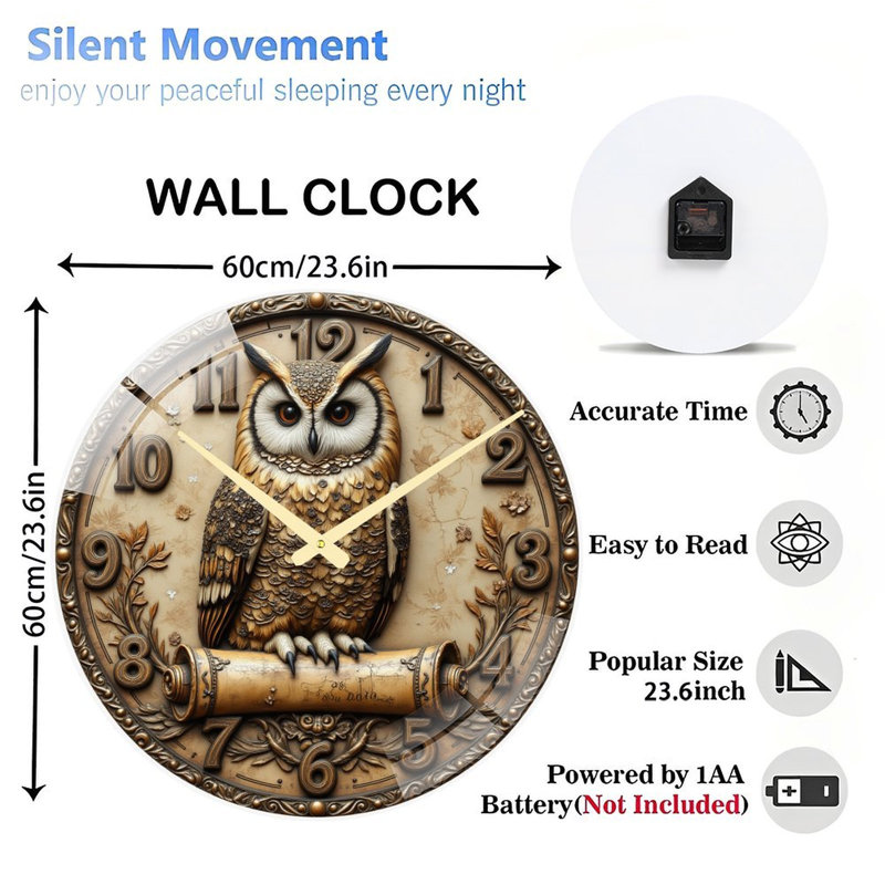 Owl Wall Clock Art - 24‘’ Modern Glass Wall Clock
