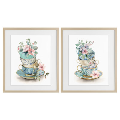 Stacked Teacup Chinoiserie 2pc Framed Print Under Glass Set, design by Kim Allen