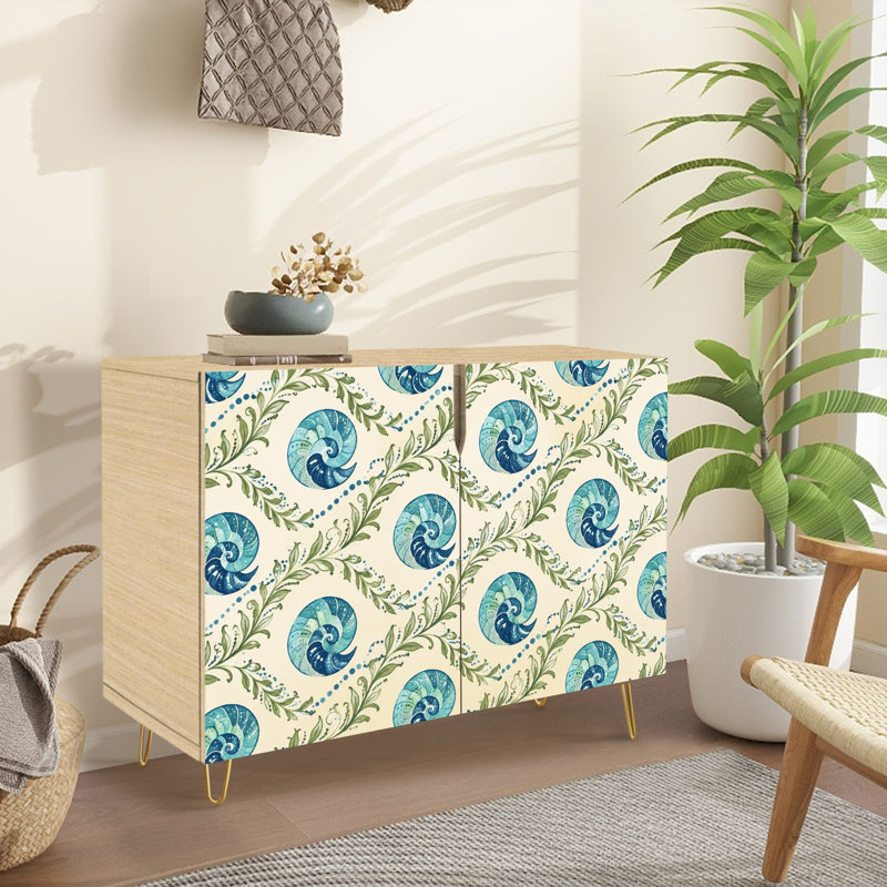 Buffet Buffet avec rangement Seashell Leaf bleu vert beige avec 2 portes pour le salon et la cuisine