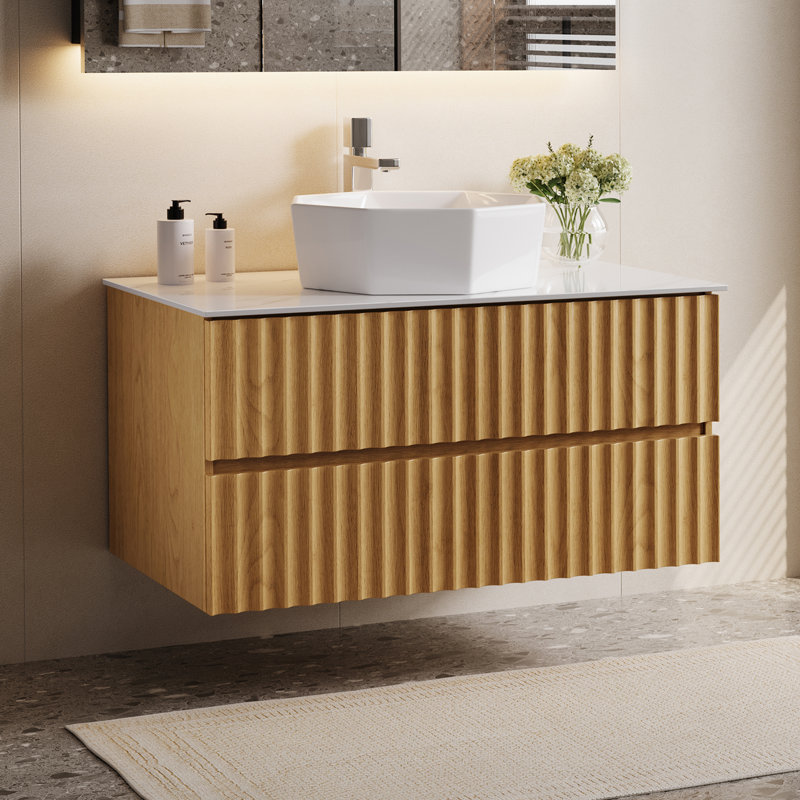 36" Floading Single Bathroom Vanities, With 2 Drawers, Glossy Sintered Stone Top, Light Wood