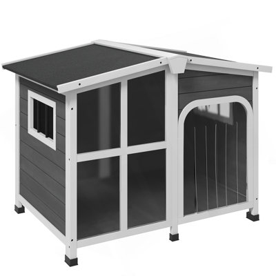 Pawhut Cabin-Style Wooden Dog House For Large Dogs Outside With Openable Roof & Giant Window, Big Dog House Outdoor & Indoor, Asphalt Roof, Gray