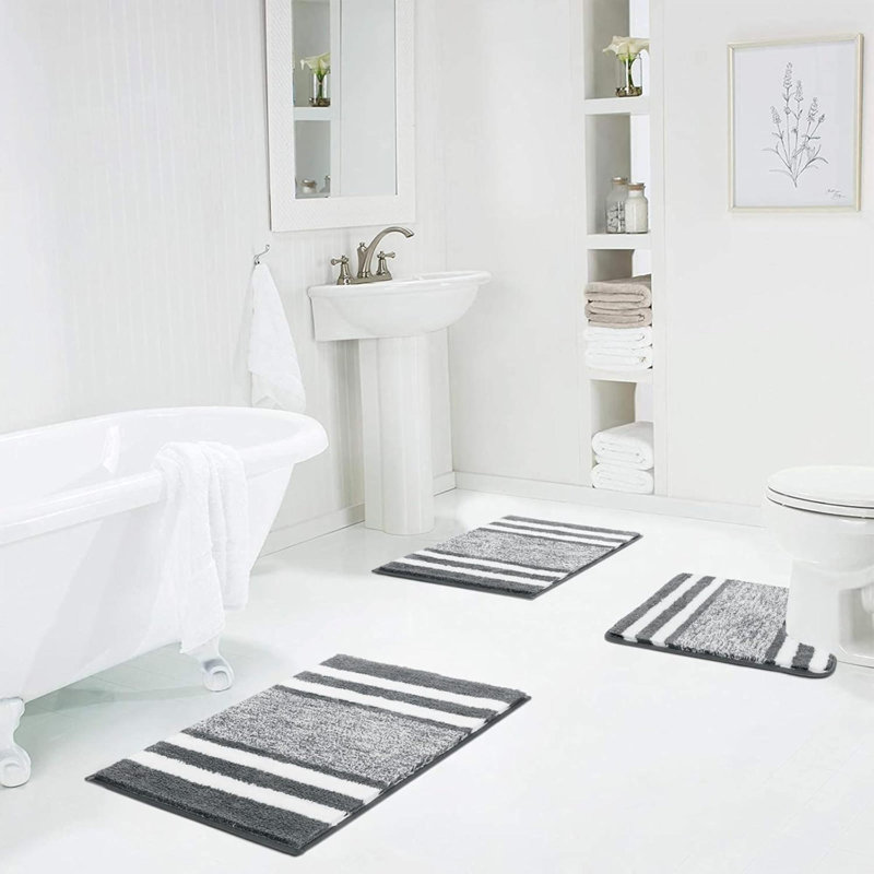 3 Pieces Luxury Bath Mat And Pedestal Mat Set Super Soft Microfiber Fluffy Bathroom Rug Machine Washable Absorbent Shower Rugs For Bathroom