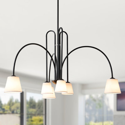 Lustre de ferme 6 lumières noir avec abat-jour en tissu blanc, îlot linéaire moderne