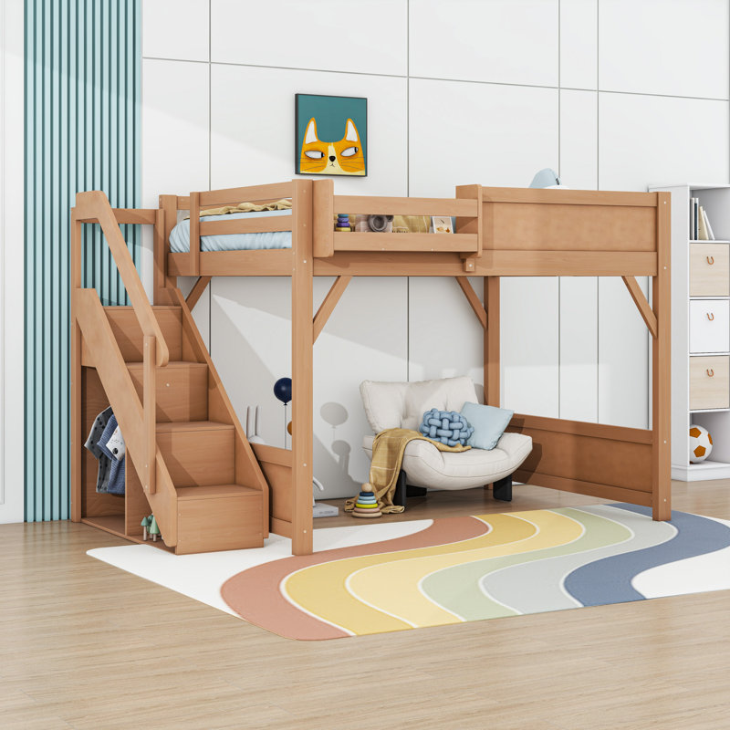 Lit mezzanine en bois avec garde-robe et escalier de rangement, Full, Deep Natural