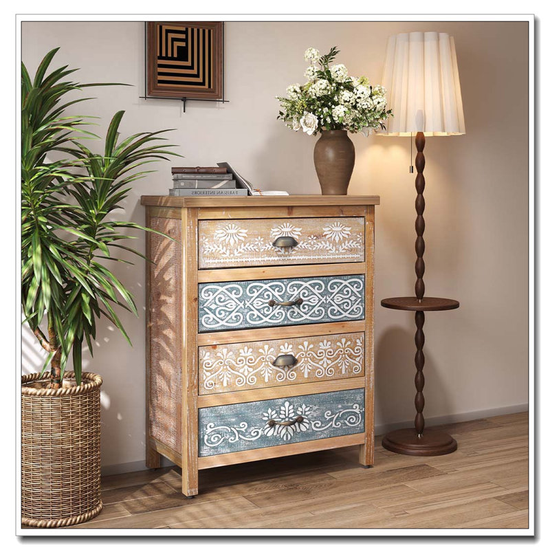Commode vintage à 4 tiroirs en bois vieilli