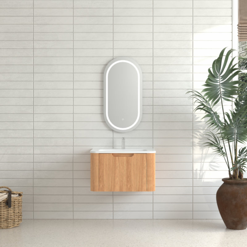 Meuble-lavabo mural flottant en bois massif, meuble de rangement à bord arrondi pré-assemblé avec cuve en céramique intégrée
