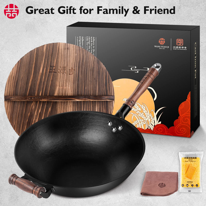 Handcrafted Black Cast Iron Wok with Wooden Lid