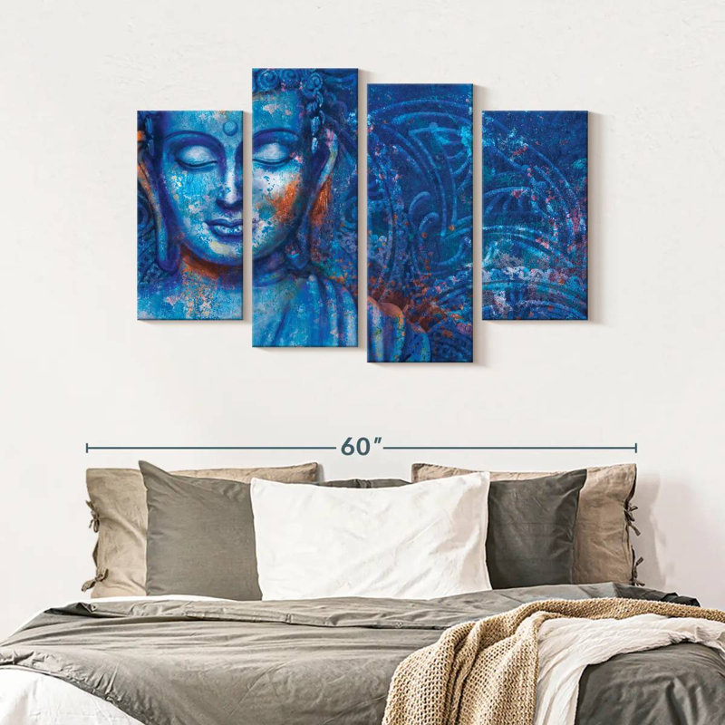 Bouddha teint en bleu Bouddha sur toile, 4 pièces, H 32 po x l 52 po x P 1 po