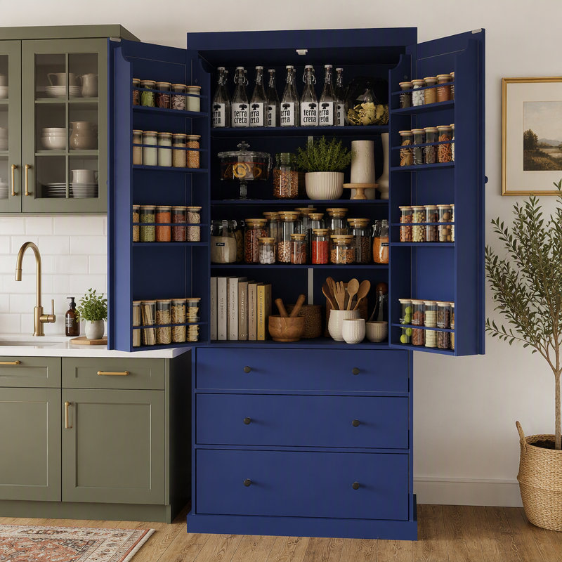 Armoire de cuisine Farmhouse, armoire de rangement haute autoportante avec 3 tablettes réglables, 8 tablettes de porte, 3 tiroirs pour la cuisine, la salle à manger