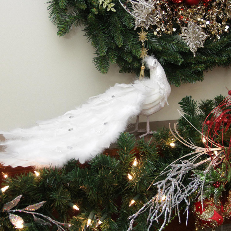 Décoration de Noël blanche avec un paon royal, H 8,5 po x l 8 po x P 19 po