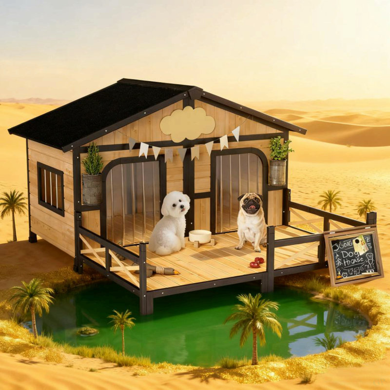 Chenil en bois pour chien avec porche, toit ouvrable, fond amovible, plancher surélevé, chambre double