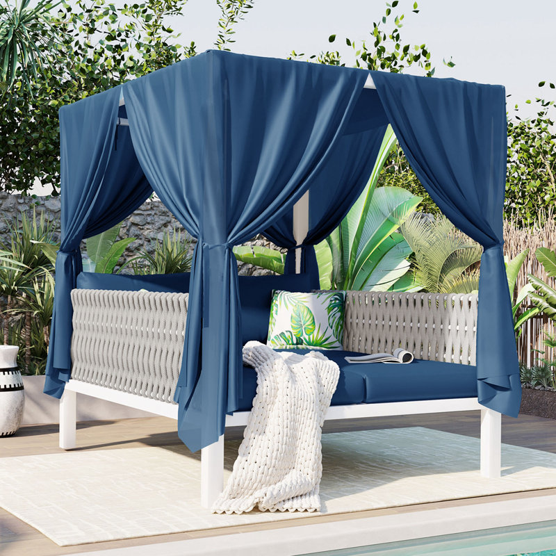 Lit de bronzage d'extérieur avec rideaux, Bleu