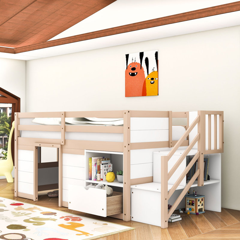 Lit mezzanine simple en bois avec tiroir de rangement, tablettes et escaliers