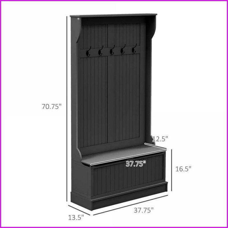 Hall Tree with Storage Bench, 3-in-1 Entryway Coat Rack with 4 Hooks &amp; Shoe Storage | Black | MDF, Black