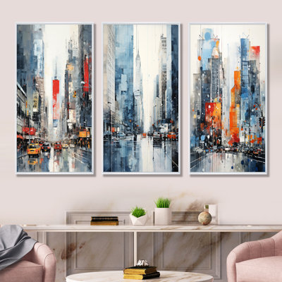 Ensemble de salon minimaliste bleu et orange New York Shyscrapers I