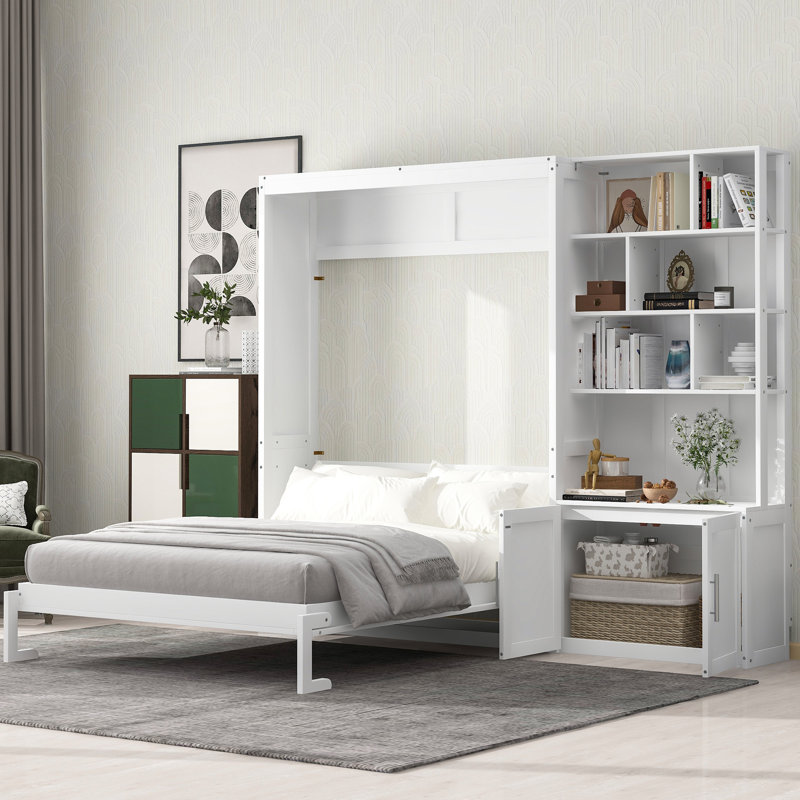 Lit double avec diverses tablettes de rangement et armoire, blanc - Fonction élégante dans la chambre à coucher