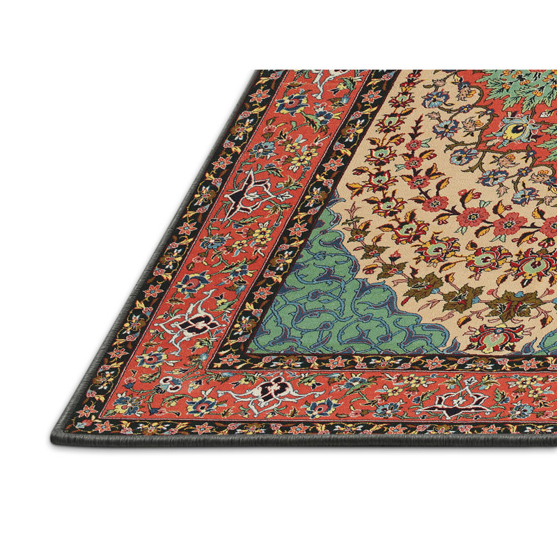 Tapis traditionnel brun / vert / rouge, Rectangle 6 pi x 9 pi