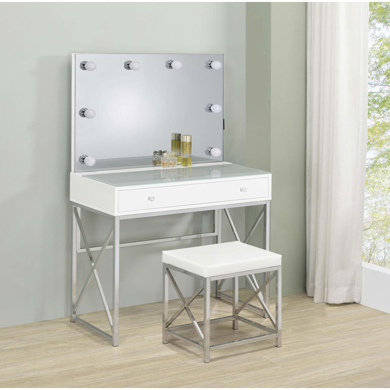 2 - Drawer Vanity Desk with Lighted Mirror and Stool in White and Chrome