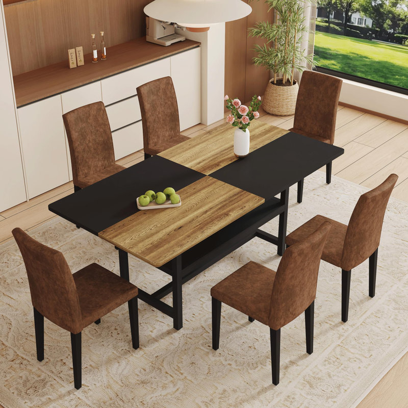 Ensemble de table de salle à manger rectangulaire pour 6 personnes, ensemble de table de salle à manger de style campagnard de 71 po avec 6 chaises rembourrées et tablette de rangement, plateau de table en bois avec structure en métal, fendu noir / bois
